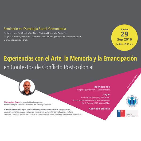 Lee más sobre el artículo Dr. Christopher Sonn expondrá Seminario: Experiencias con el Arte, la Memoria y la Emancipación en Contextos de Conflicto Post- colonial